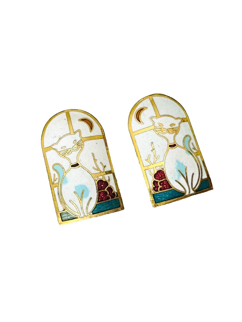 Vintage 1980's 1990's WHITE CAT Moon Window Enamel Gold Tone Pierced Earrings